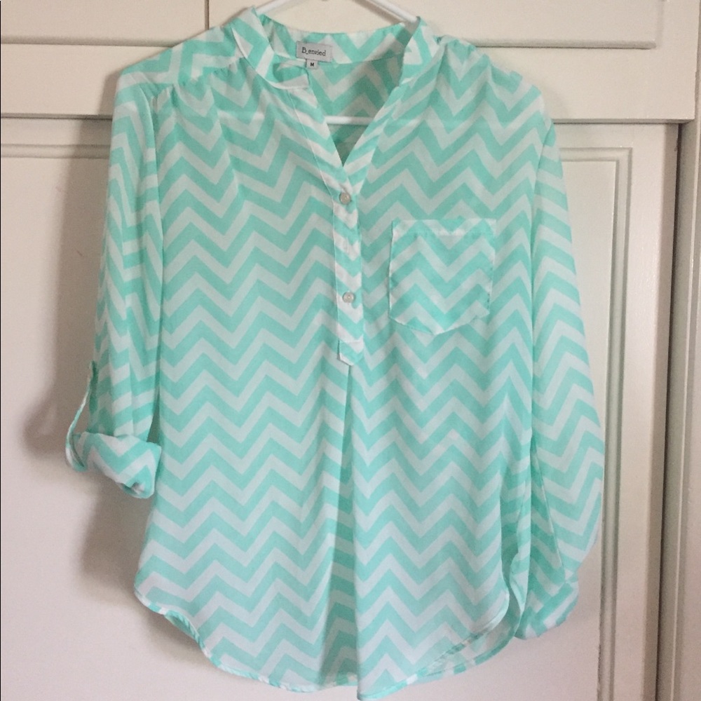 Teal and White Chevron Button Up Top